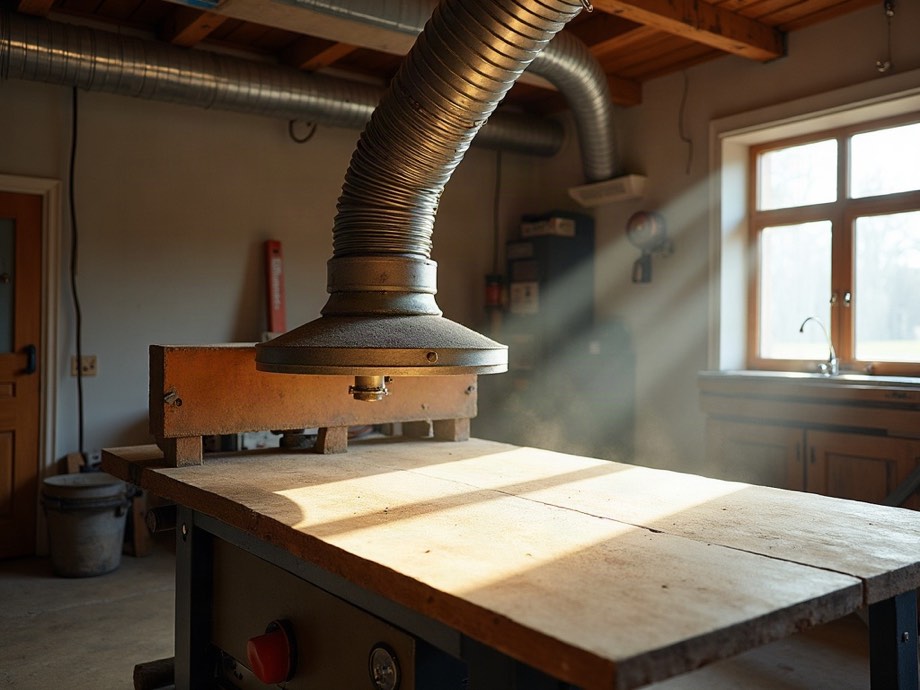 Absaughaube über einer Plattensäge in einer Schreinerei, Rohrleitung unter der Decke