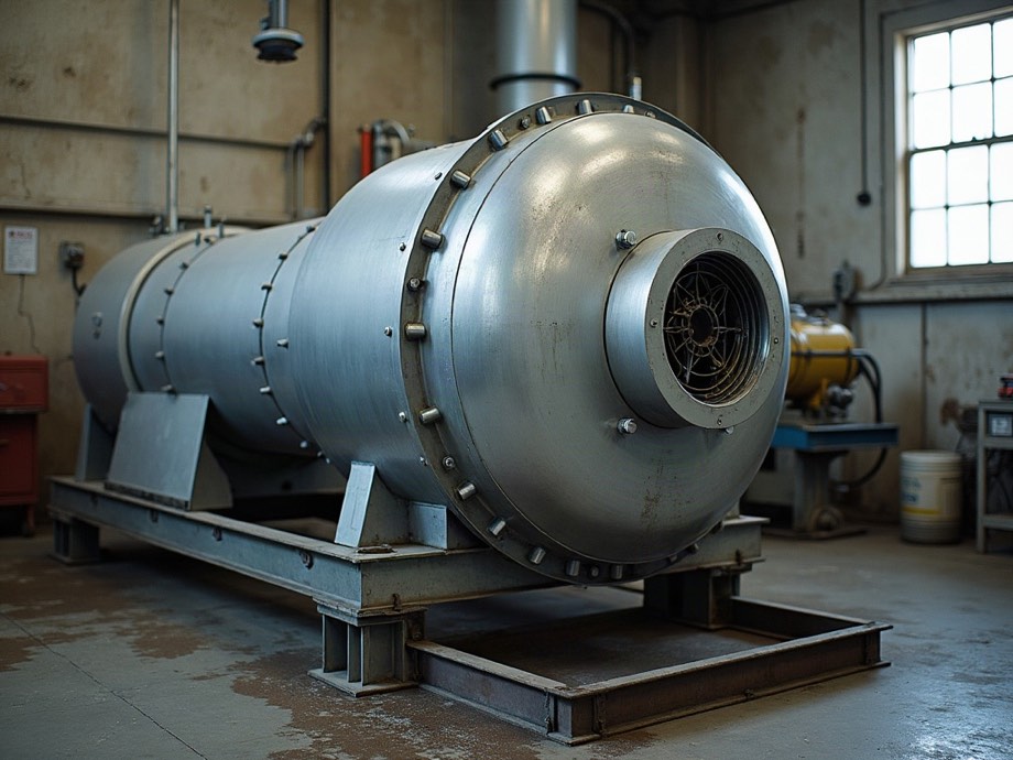 Seitenkanalverdichter mit Motor auf einem Stahlrahmen in einem Technikraum
