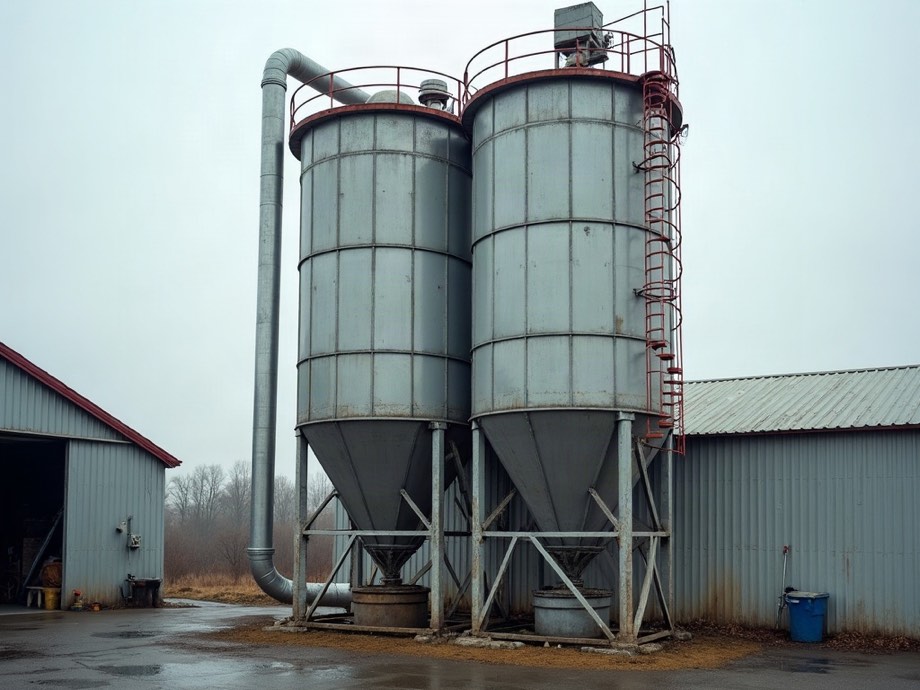 Zwei Schüttgutsilos mit Filteraufsatz und Rohrleitung vor einer Halle